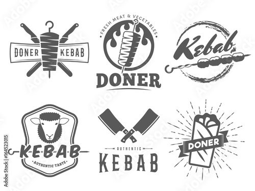 Doner kebab logos. Vector kebab badges with traditional eastern grill dishes. Vintage labels for restaurant or bar.