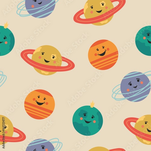 Cute seamless pattern with cartoon planets. Fun space!