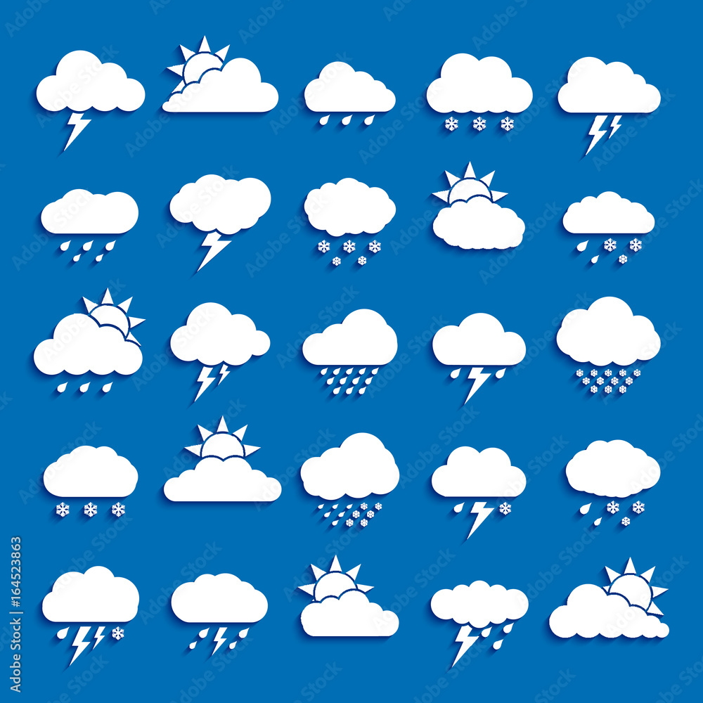 Set of Weather Cloud Icon White Color on blue background Set of Weather Cloud Icon White Color on blue background