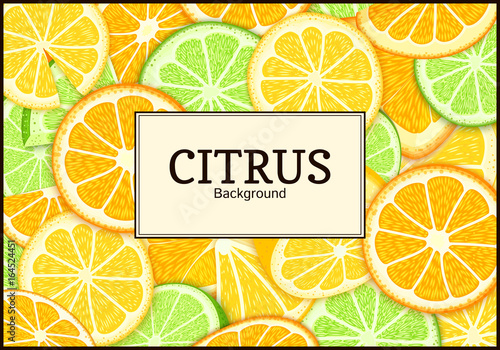 Rectangle label on tropical orangelime lemon background. Vector card illustration. Fresh and juicy citrus fruits for packaging design food, juice, jam, ice cream, smoothies, detox, cosmetics cream