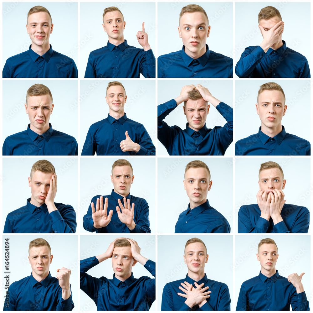 Set of young man's portraits with different emotions and gestures Set of young man's portraits with different emotions and gestures