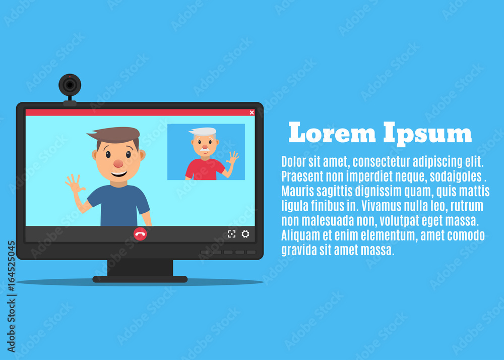 Computer monitor and web camera. The interface of the video call application. Videochat between father and son. Vector illustration in a flat style Computer monitor and web camera. The interface of the video call application. Videochat between father and son. Vector illustration in a flat style