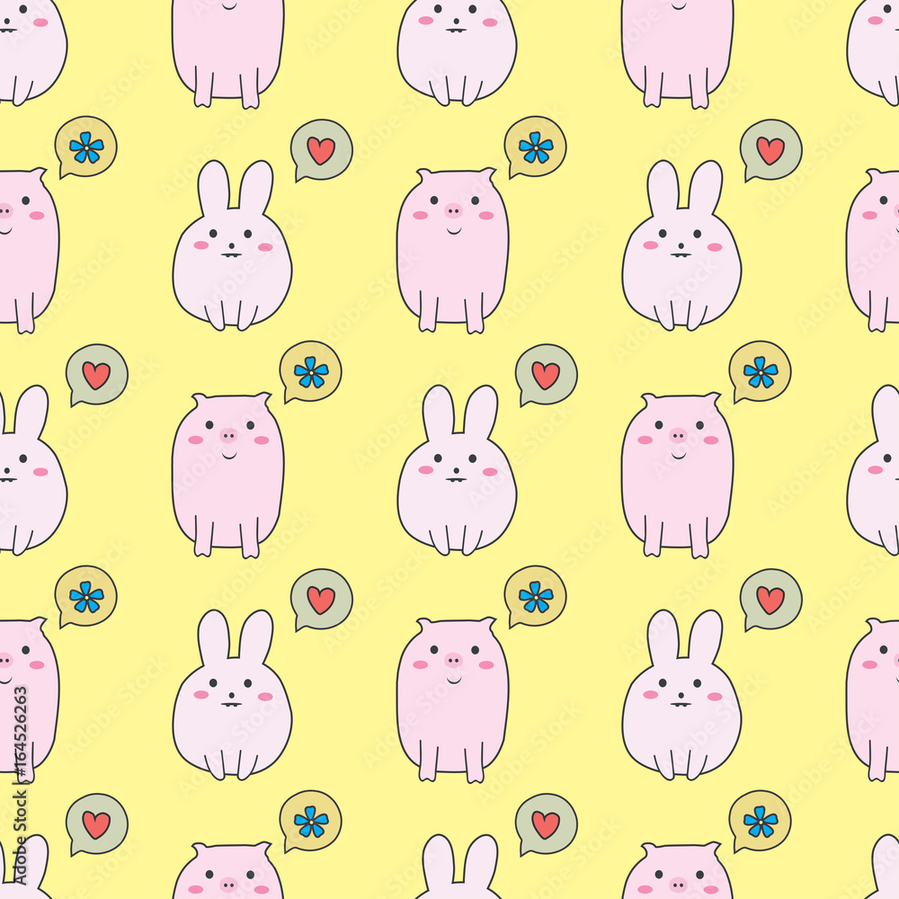 Seamless pattern with cute rabbit and pig