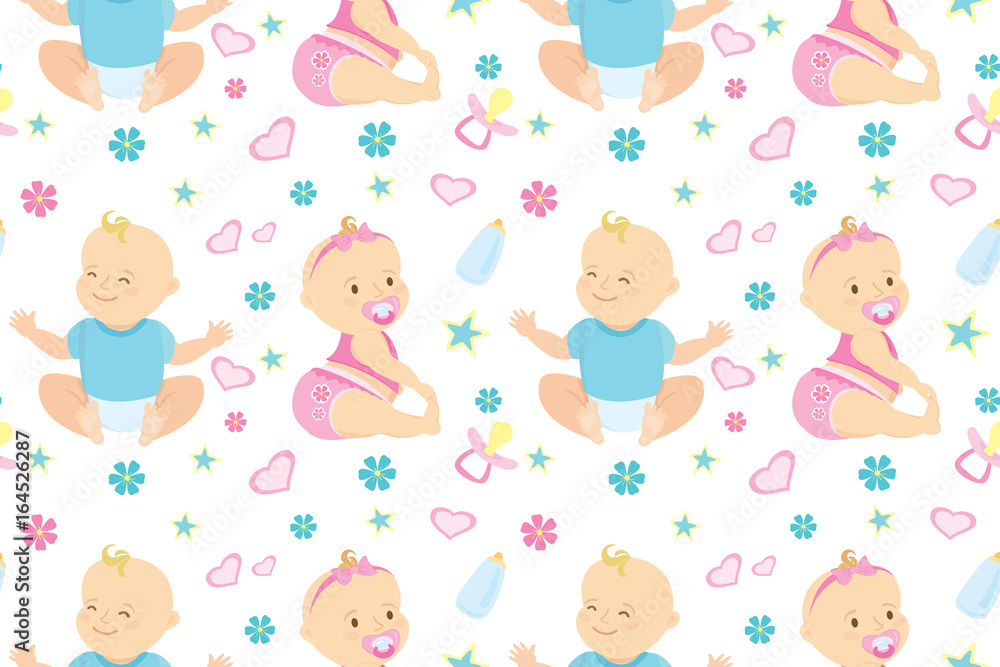 Seamless pattern with cute newborn boy and girl Seamless pattern with cute newborn boy and girl