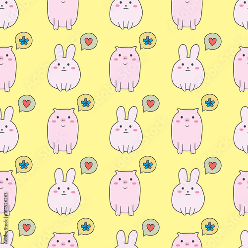 Seamless pattern with cute rabbit and pig