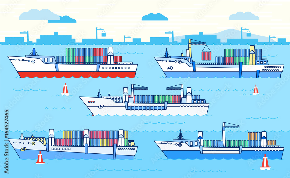 Obraz premium Vector set of container ships.