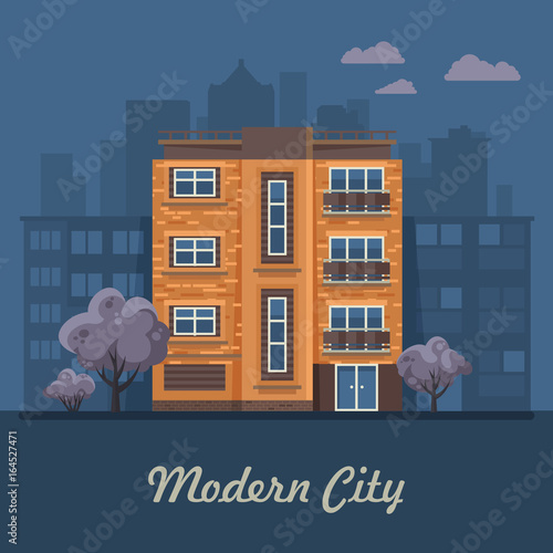 City life. Vector illustration with buildings, detached house, semi-detached house, bungalow, mansion, high-rise building.