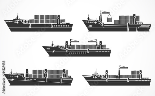 Vector set of dry cargo ships, container ships.