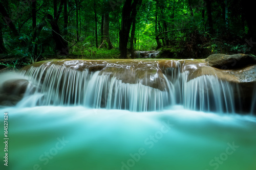 Motion Blue water of Small waterfall in the dark forest.