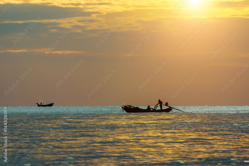 Minimal image of fishing boat on the sea.