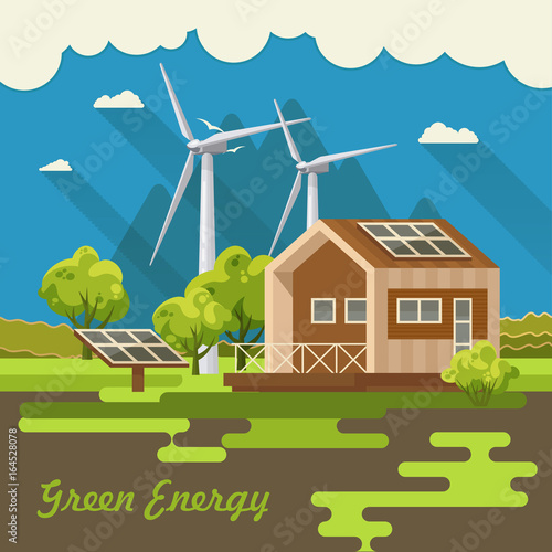 Bio green energy poster. Eco friendly house. Vector illustration.