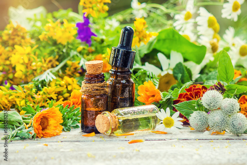 Extract of herbs in a small bottle. Medicinal plants. Selective focus.  photo