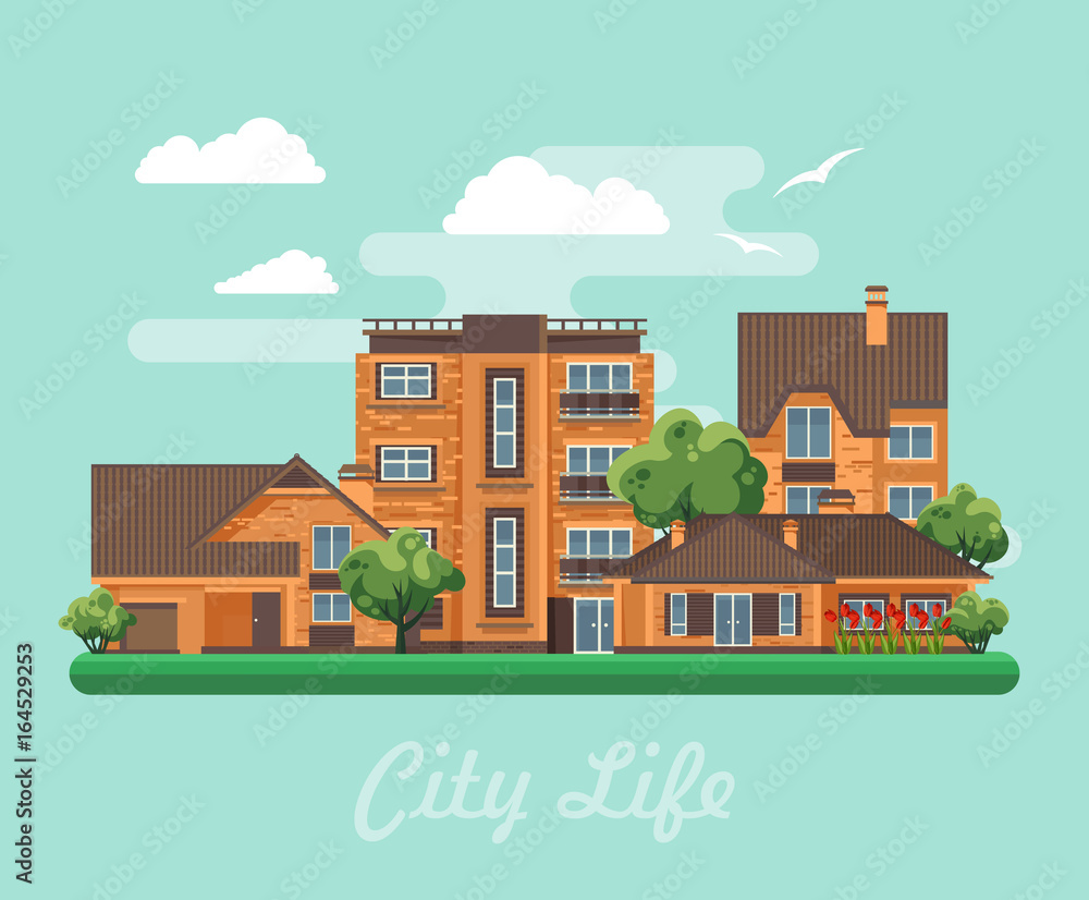 Obraz premium City life. Vector illustration with buildings, detached house, semi-detached house, bungalow, mansion, high-rise building.