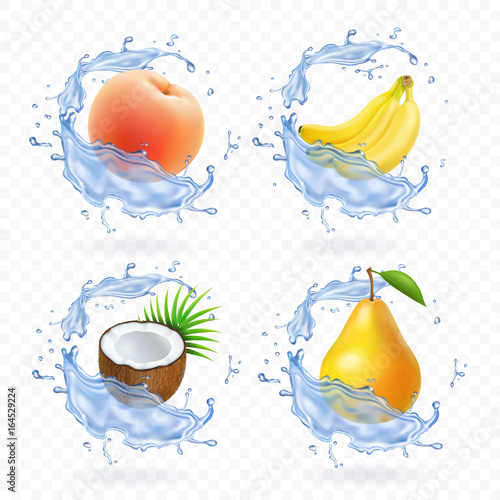 Sweet fruit. Banana, coconut, peach, pear and apricot fresh juice Realistic illustration. 3d vector icons set