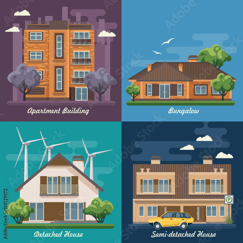 City life. Vector illustration with buildings, detached house, semi-detached house, bungalow, mansion, high-rise building.