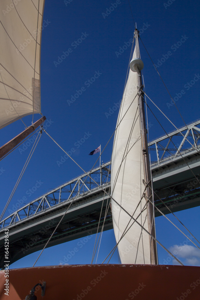 Looking Up to Auckland Harbour Bridge through the Sails of Yacht