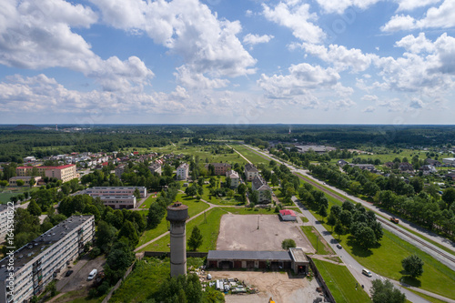 Aerial photography. Small city landscape, amazing clouds.