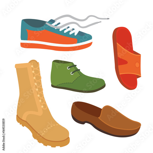 Male man season shoes in flat style. Men boots isolated set vector illustration