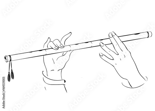 Drawing of hands playing on flute. Lord Krishna vector illustration for Happy Janmashtami, annual Hindu festival greetings
