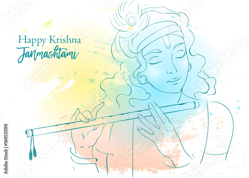 Lord Krishna vector Illustration. Happy Janmashtami, annual Hindu festival greetings. Line art portrait