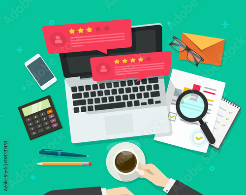 Review rating online feedback experience testimonials bubble speeches on computer vector, flat style laptop reviews stars good, bad rate, concept of customer testimony messages, notifications