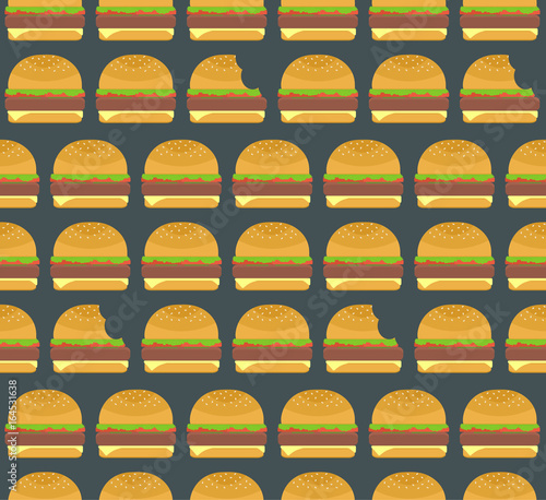 Nice colorful hamburgers and nibbled burgers seamless pattern on dark background. Nice american fastfood pattern for textile, cafe and restaurant wrapping paper, covers, banners, wallpaper