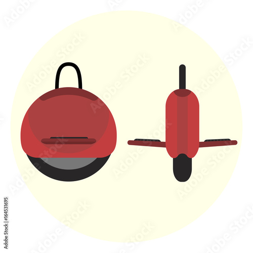 Flat red self-balancing electric unicycle icon. Monocycle transport symbol
