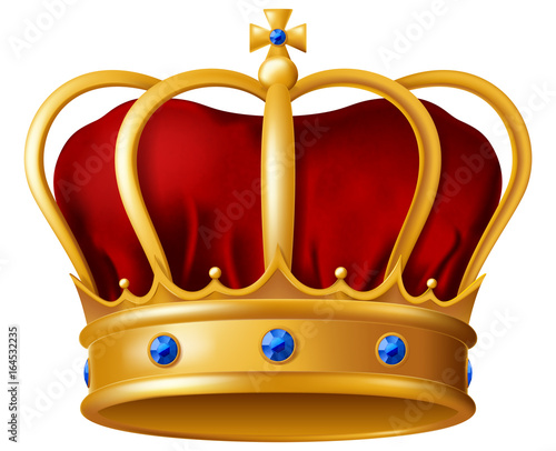 Golden imperial crown with red mitre encrusted with blue sapphire gems. Vector illustration.