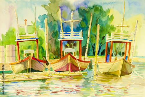 Watercolor seascape original painting on paper colorful of fishing boat