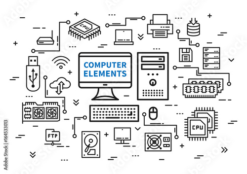 Computer desktop elements vector illustration. Desktop components (motherboard, usb card, cpu chip, keyboard, ram memory, hdd, processor, etc) line art. Computer hardware equipment graphic design.
