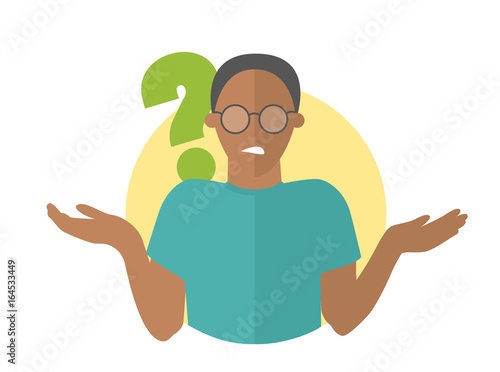 Flat design icon. Black handsome man in glasses doubts. Guy with a question mark. Simply editable isolated vector illustration