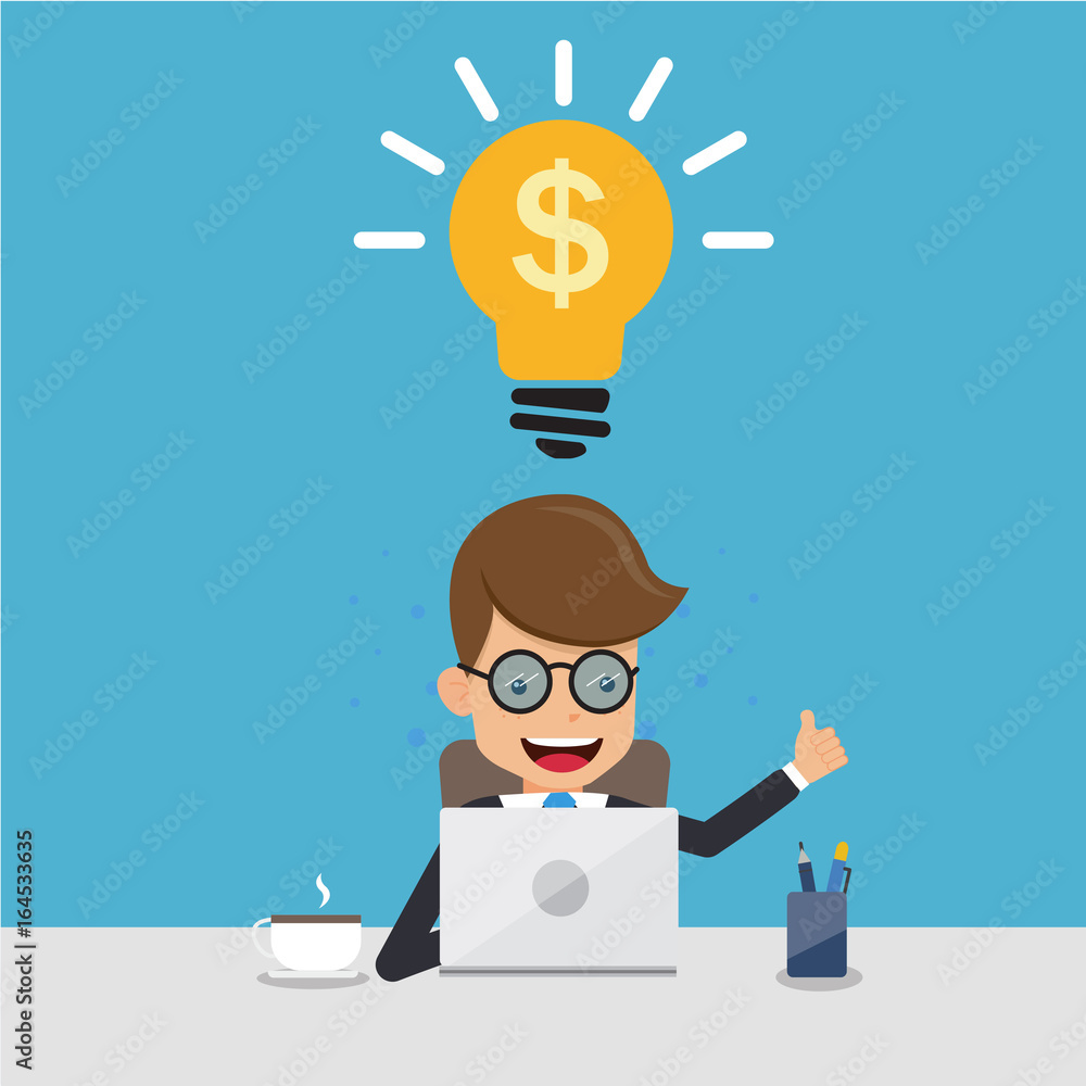 Businessman in Suit Working with Computer on Table in The Office and Thinking Idea Money. Concept Business Vector Illustration Flat Style. Businessman in Suit Working with Computer on Table in The Office and Thinking Idea Money. Concept Business Vector Illustration Flat Style.