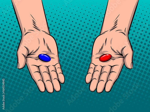 Hands with red and blue pills pop art vector