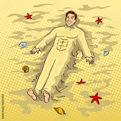 Man buried in the sand on the beach pop art vector