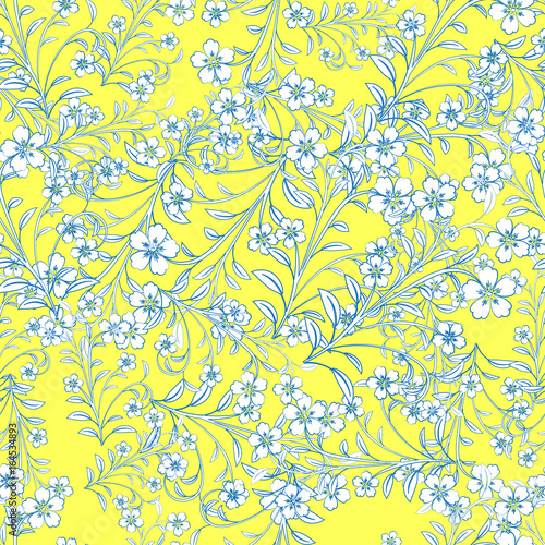White flowers with blue path on yellow background
