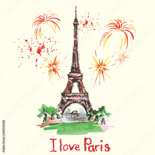  Eiffel tower,lettering,pink hearts.Hand drawn watercolor decor. © naum