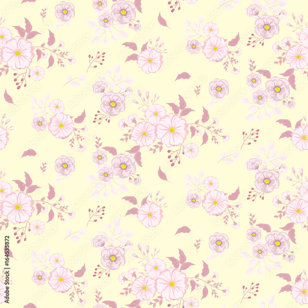 Seamless floral pattern. Background in small pink flowers on a yellow background for textiles, fabric, cotton fabric, covers, wallpaper, print, gift wrap, postcard. Seamless floral pattern. Background in small pink flowers on a yellow background for textiles, fabric, cotton fabric, covers, wallpaper, print, gift wrap, postcard.