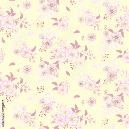 Seamless floral pattern. Background in small pink flowers on a yellow background for textiles, fabric, cotton fabric, covers, wallpaper, print, gift wrap, postcard.