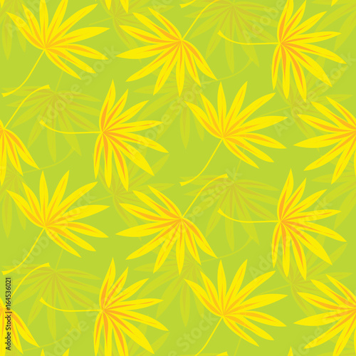 Seamless leaf pattern. Background in small yellow leaves on a green background for textiles, fabric, cotton fabric, cover, wallpaper, stamp, gift wrap, postcard.