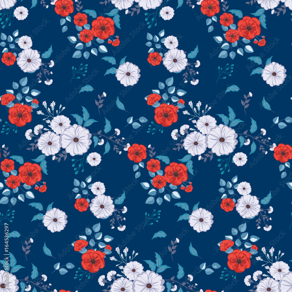 Seamless floral pattern. Background in small red and blue flowers on a blue  background for textiles, fabric, cotton fabric, covers, wallpaper, print,  gift wrap, postcard. vector de Stock | Adobe Stock
