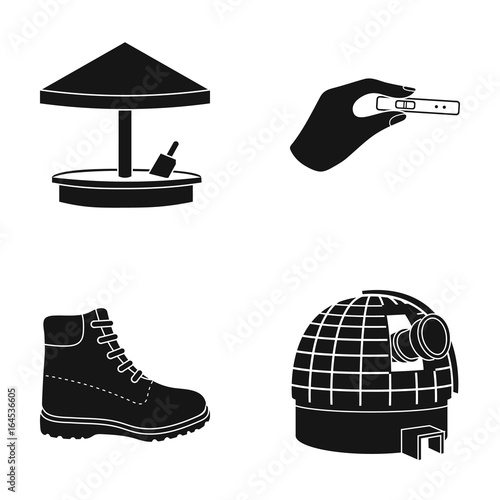 Sandbox, pregnancy test and other web icon in black style. boot, observatory icons in set collection. photo