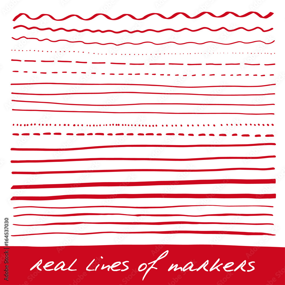 Red Vector Set Hand lines - real markers. Different lines - straight, wavy, interrupt ...