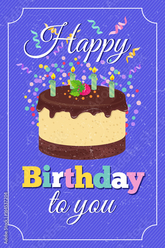 Retro happy birthday party vector greeting card with cartoon cake and burned candles