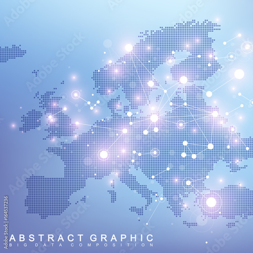 Geometric graphic background communication with Europe Map. Big data complex with compounds. Perspective backdrop. Minimal array. Digital data visualization. Scientific cybernetic vector illustration.