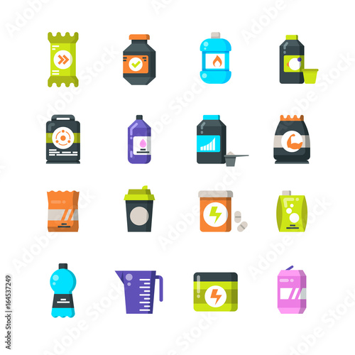 Sports nutrition supplements and protein flat icons. Energy drink and power bar vector symbols