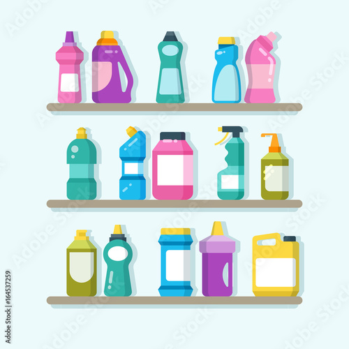 Household cleaner products and laundry goods on shelves. House cleaning service vector concept