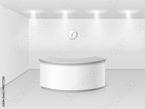 Office or hotel interior with reception counter desk 3d vector illustration