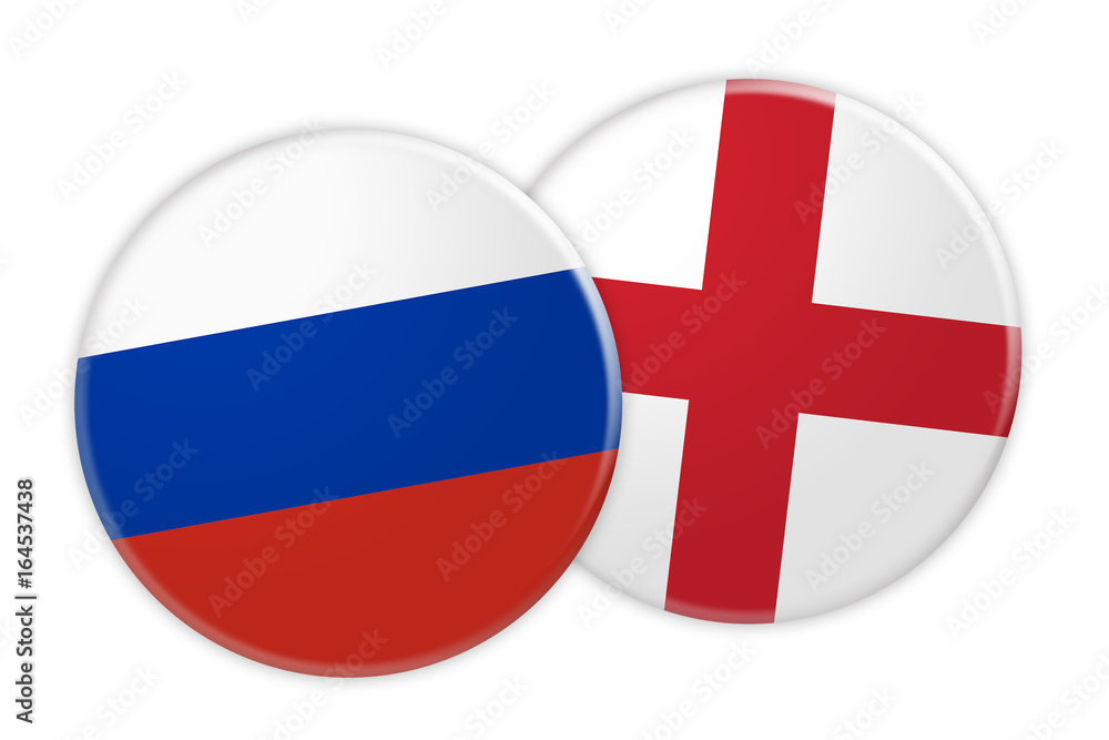 News Concept: Russia Flag Button On England Flag Button, 3d illustration on white background News Concept: Russia Flag Button On England Flag Button, 3d illustration on white background