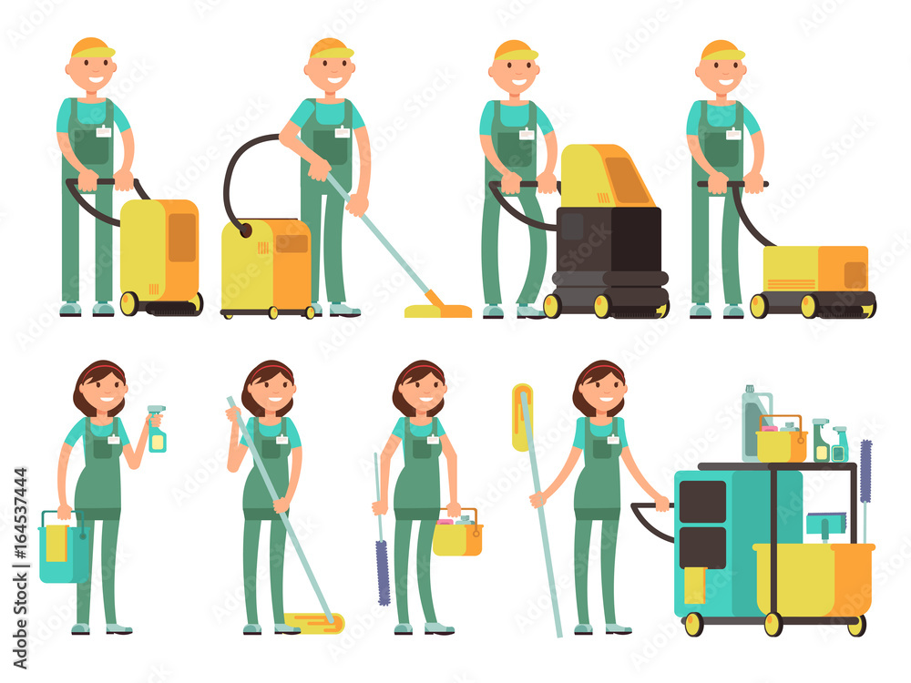 Cleaner vector characters with cleaning equipment. Cleaning company team in uniform vector set Cleaner vector characters with cleaning equipment. Cleaning company team in uniform vector set