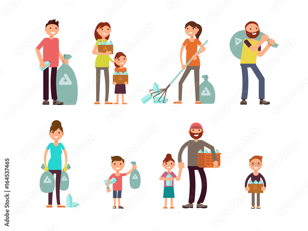 Group of people adult and kids characters gathering city garbage and plastic waste for recycling vector set